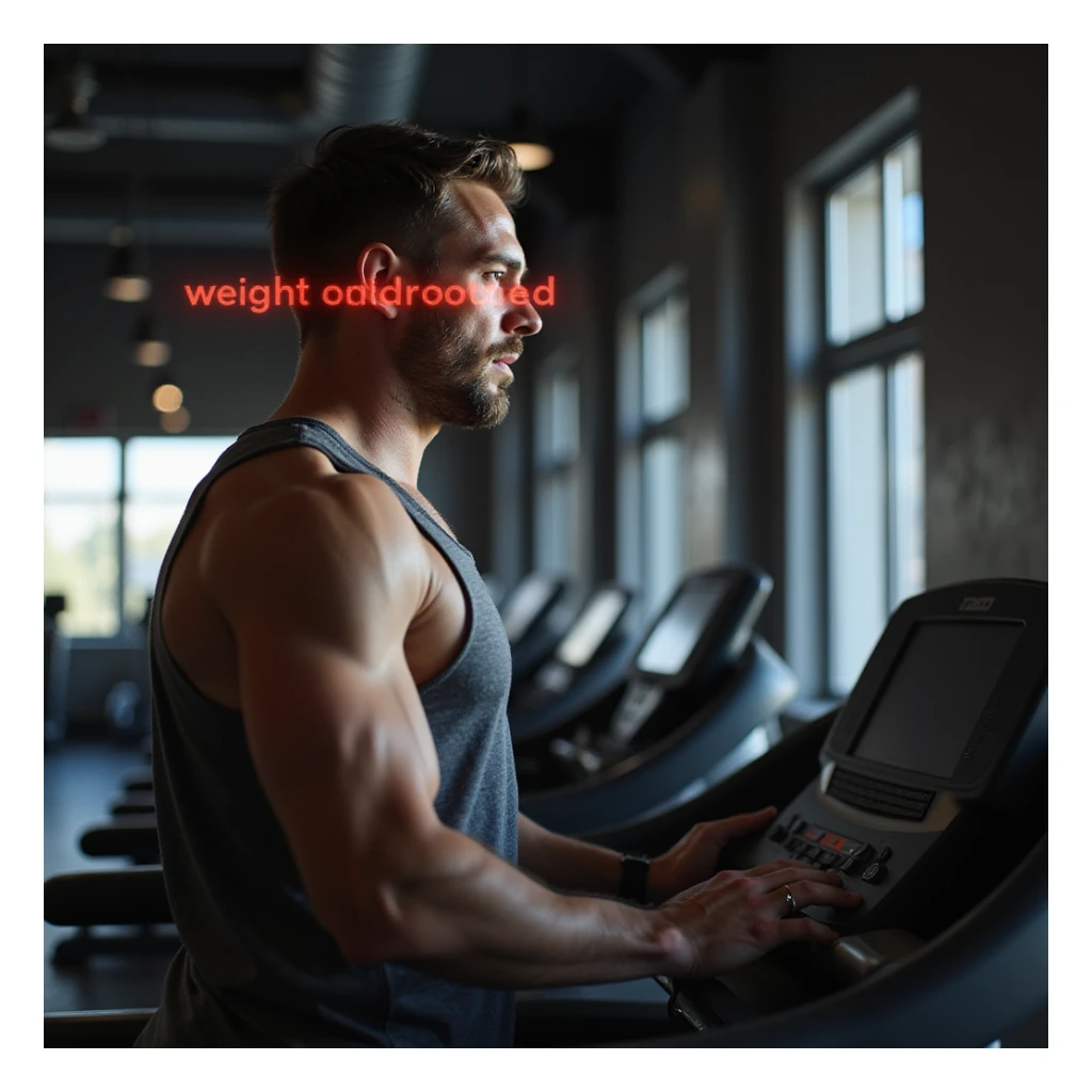 man training intensely on a treadmill with a digital red line above his head indicating 'Weight unchanged', gym environment, hyperrealistic details, 4K sticker