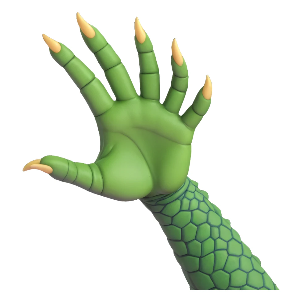 cartoon-style reptile hand palm facing down, green scaly skin, three visible claws, emoji format sticker
