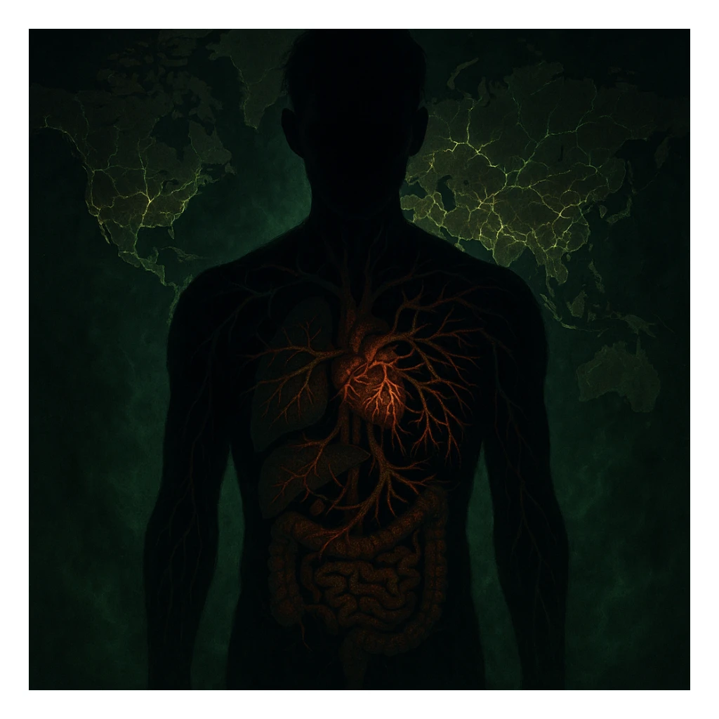 semi-realistic, moody human silhouette, parasite tendrils spread from a few organs to many, showing progression of infection, organs increasingly compromised, world map, glowing cracks, green mist sticker
