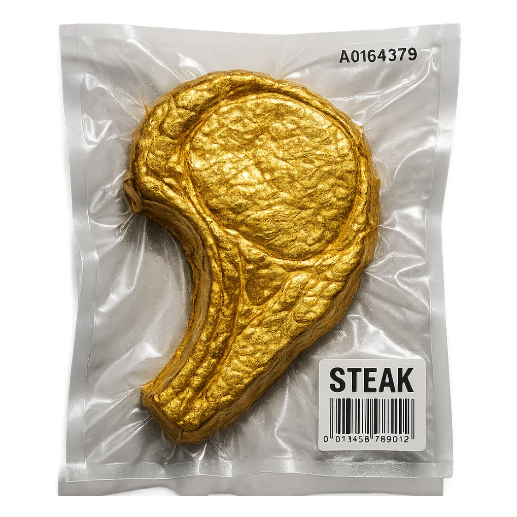 steak covered in edible gold, shiny and inflated, vacuum-sealed style sticker