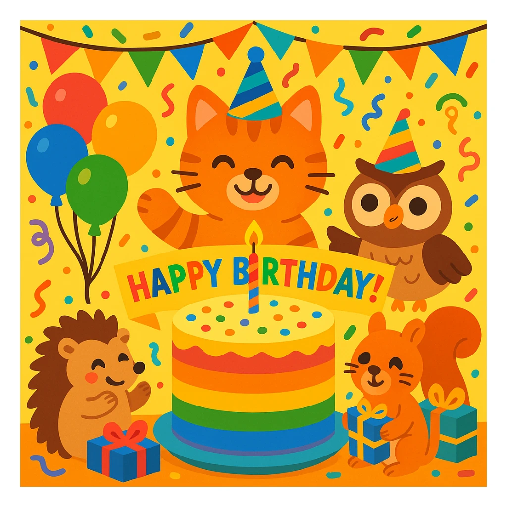 vibrant-toon style birthday party scene with a rainbow color theme including rainbow balloons, multicolored decorations, confetti, a large rainbow birthday cake, gifts, and a festive atmosphere. Main character is a ginger tabby kitten wearing a birthday hat, surrounded by a hedgehog, owl, and squirrel also celebrating. Prominent 'Happy Birthday!' message included in the scene. sticker