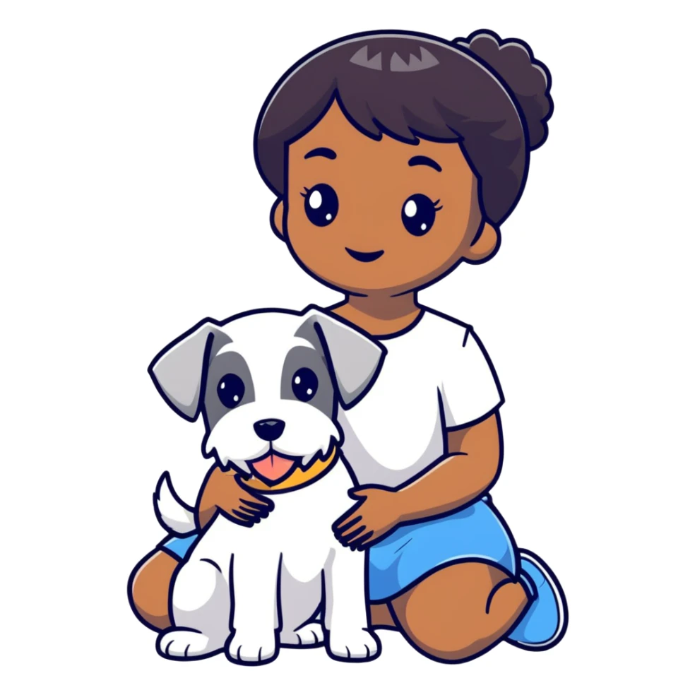Black girl with short bangs holding a white schnauzer dog sticker