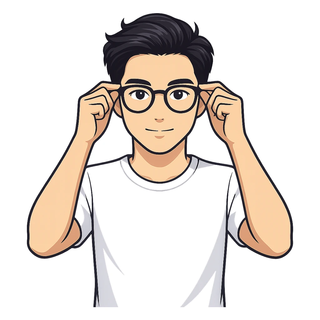 Change to a different, stylish hairstyle for a young and handsome Asian man with black coffee colored hair, wearing a white T-shirt, black framed glasses, holding glasses, very smart. Keep the cartoonish sticker style look but use the general editor as sticker style does not support editing. Remove background. sticker