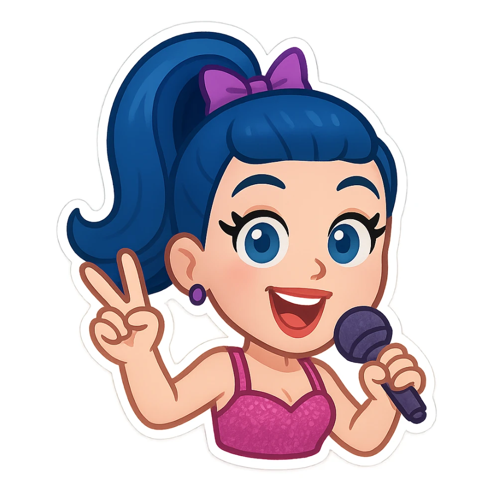 Katy Perry as an emoji, pop star style, bright colors, expressive face, iconic hairstyle, no text sticker