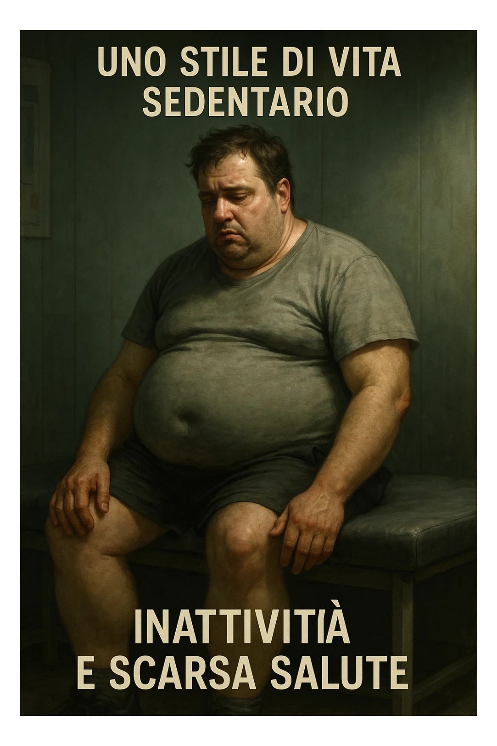 vertical realistic cinematic illustration of a sedentary man who stopped doing sports, with evident poor physical shape, relaxed posture, and signs of inactivity, clinical atmosphere, dramatic lighting, Italian captions, aspect ratio 2:3 sticker