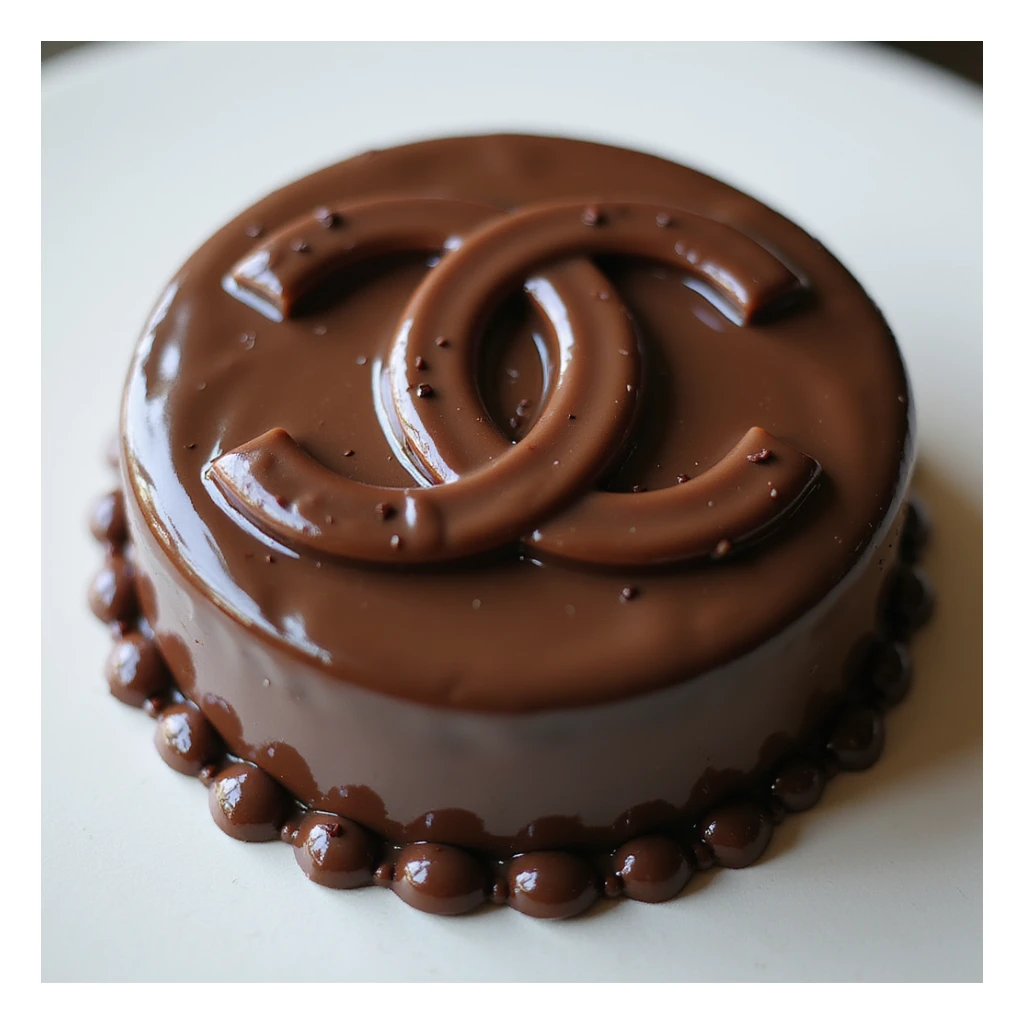 photorealistic chocolate Chanel logo cake, glossy finish, no background sticker
