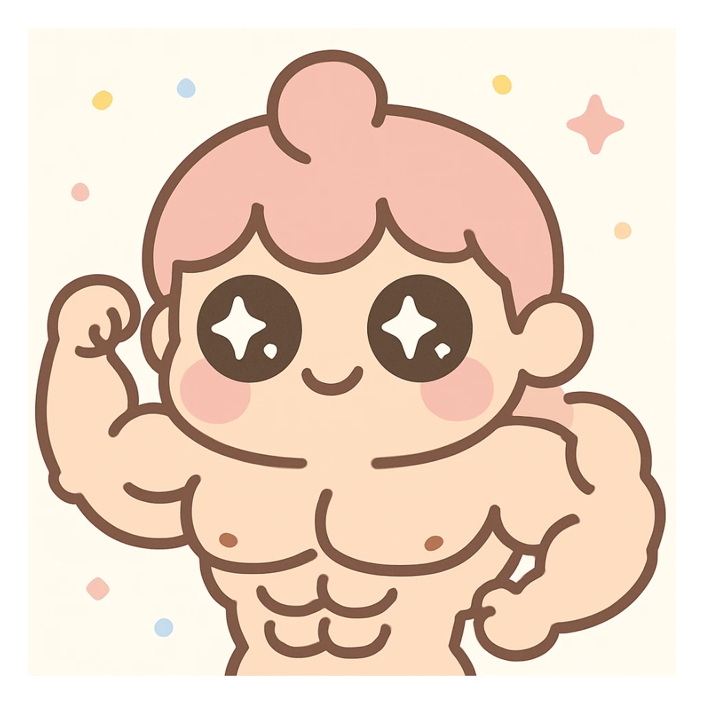 Make the kawaii character look buff and muscular, keep the pretty pink style, big eyes, cute lips, playful expression. sticker