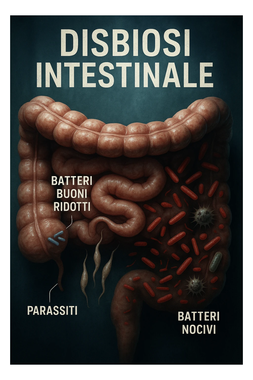 Immagine verticale, realistica e cinematografica in italiano: focus su un intestino umano con disbiosi, batteri buoni ridotti, parassiti e batteri nocivi in evidenza, atmosfera clinica e luci drammatiche, didascalie in italiano, 2:3. sticker