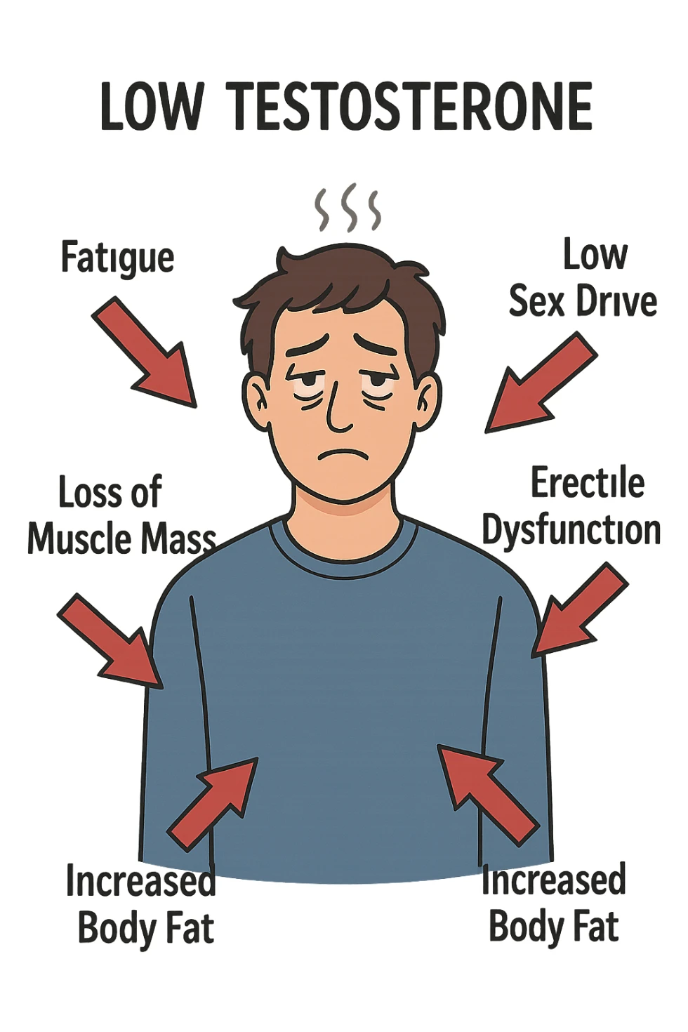  un uomo con espressione affaticata, circondato da frecce rosse che evidenziano sintomi di testosterone basso. frecce rosse sticker