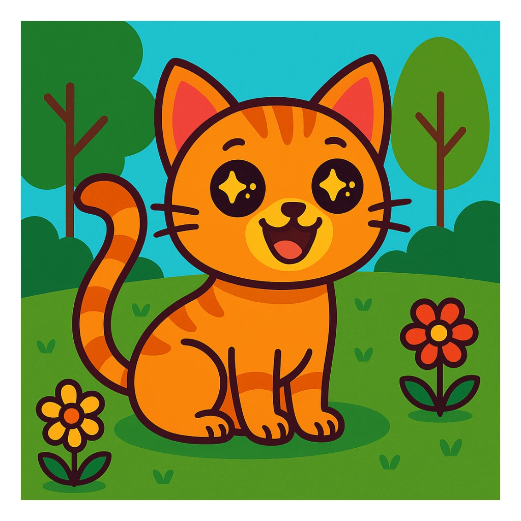 Change the background to a playful park scene with trees and flowers, keeping the cat in the same vibrant cartoon style. sticker