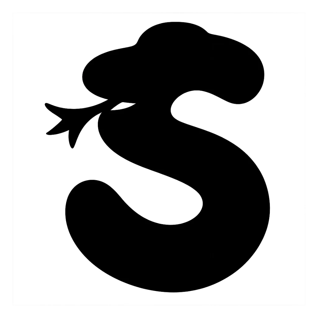 Make the S-shaped snake black, remove the eyes, keep the snake features but no facial details, keep the background transparent. Maintain the original style of the snake as shown in the reference image but with a transparent background. sticker