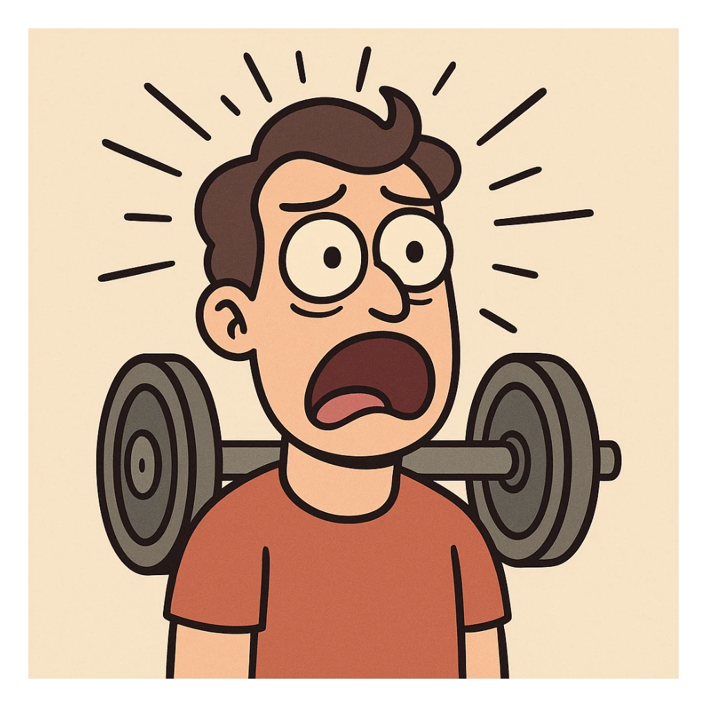 cartoonish head with rays or explosion lines above, hidden barbell or weight plate element, face that looks stunned or in disbelief sticker