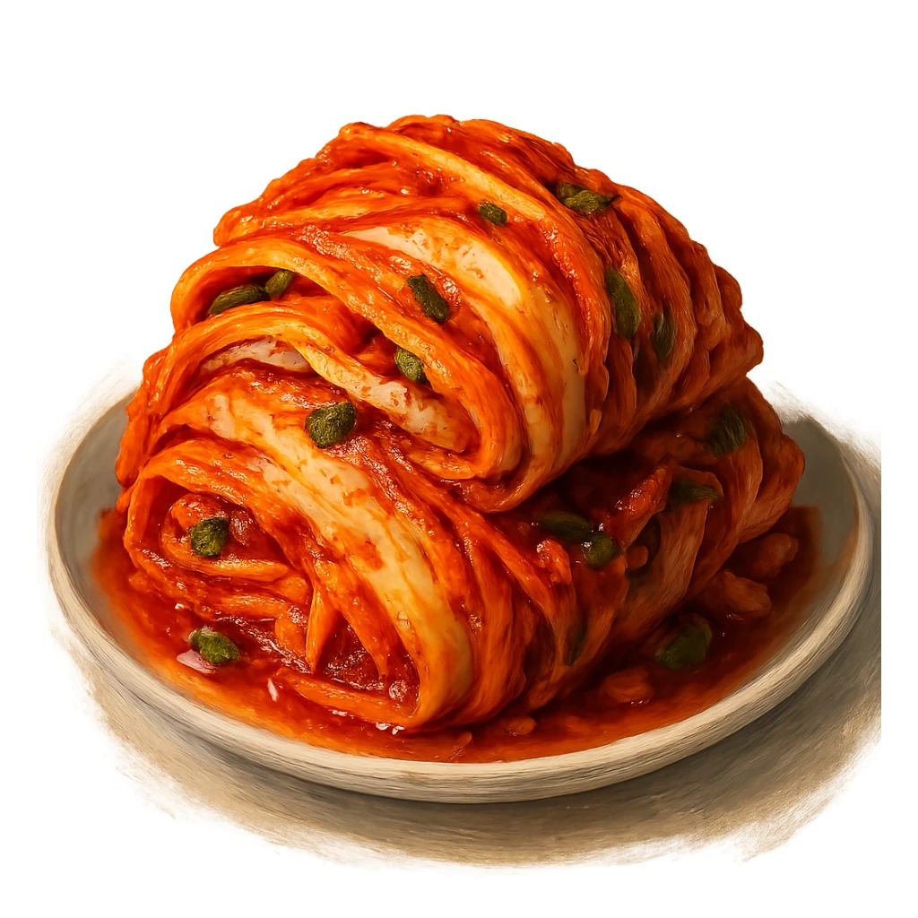 В слега рисованном, но при этом ярком и объемном стиле сгенерируй картинку сочного корейского кимчи, профессионально выставленный свет, который подчеркивает объем, прозрачный фон sticker