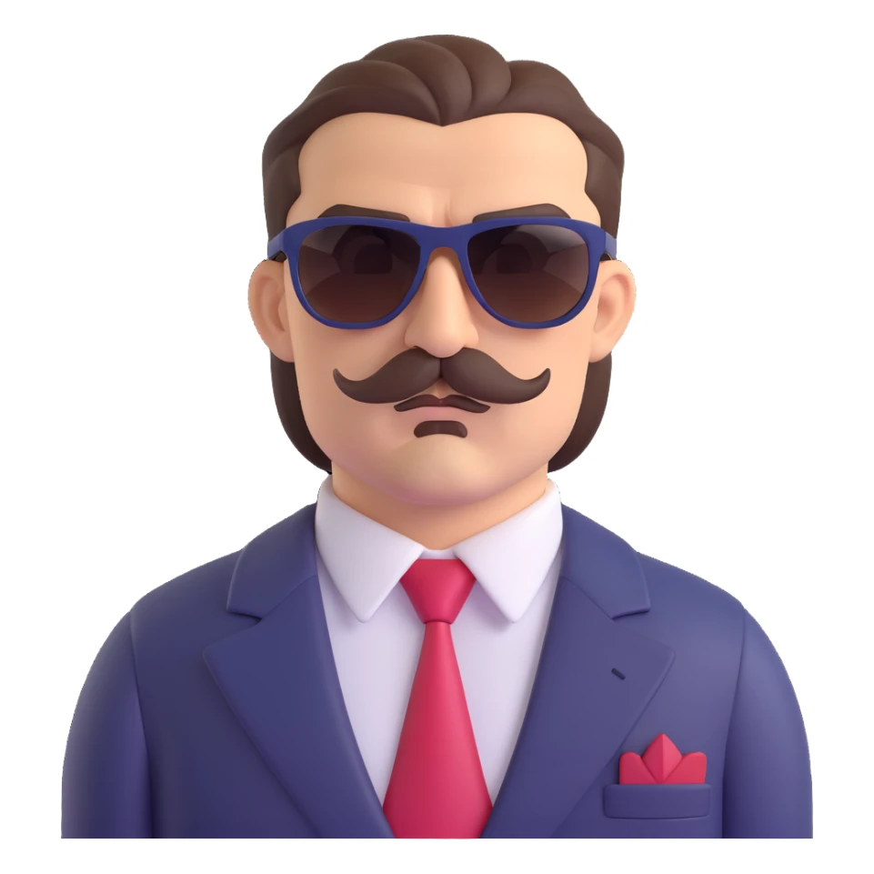 mafia boss with slicked-back brown hair, thick mustache, sunglasses, exuding authority and coolness sticker