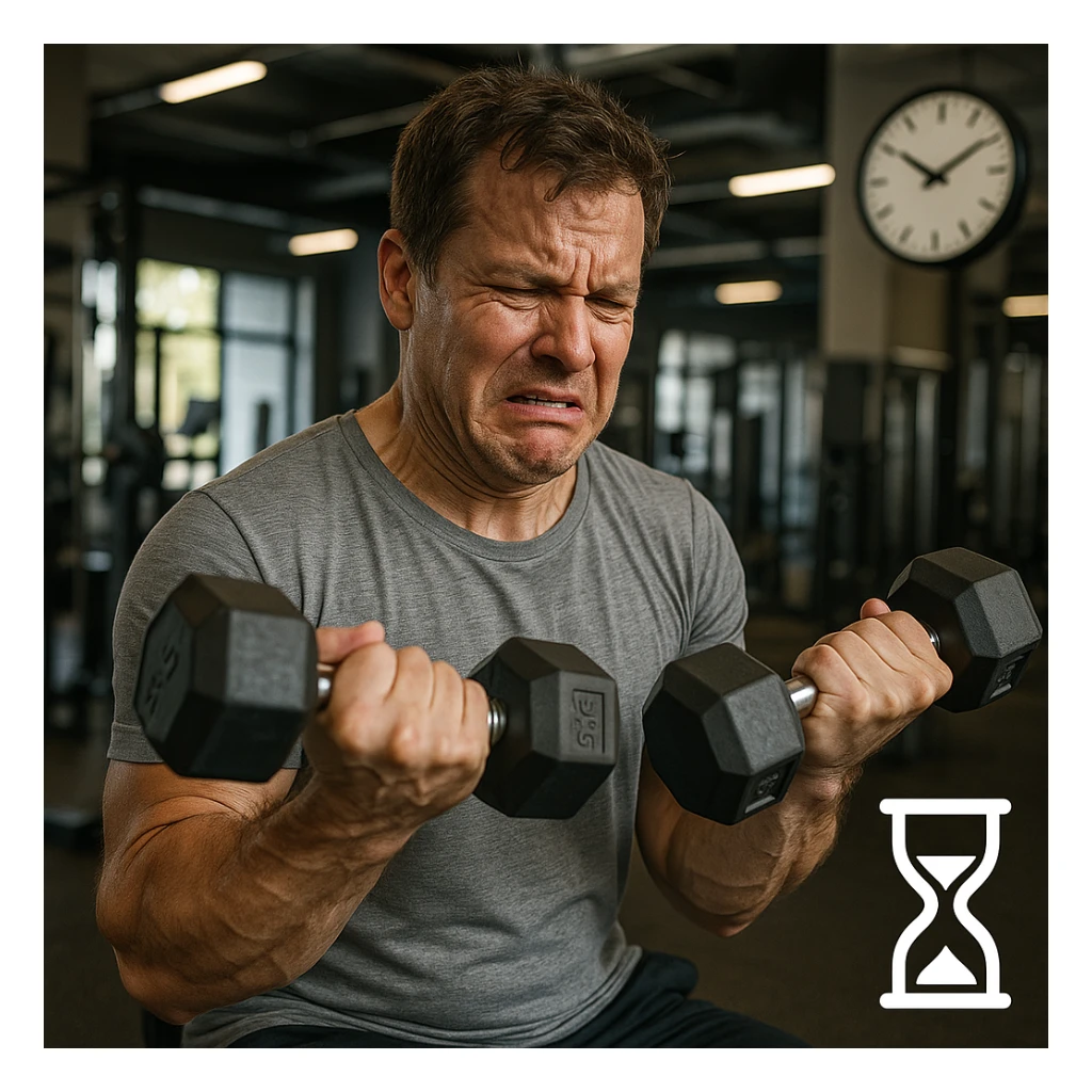 hyper realistic man doing many repetitions with light weights in gym, frustrated expression, clock or hourglass symbolizing passing time, realistic details, gym background sticker