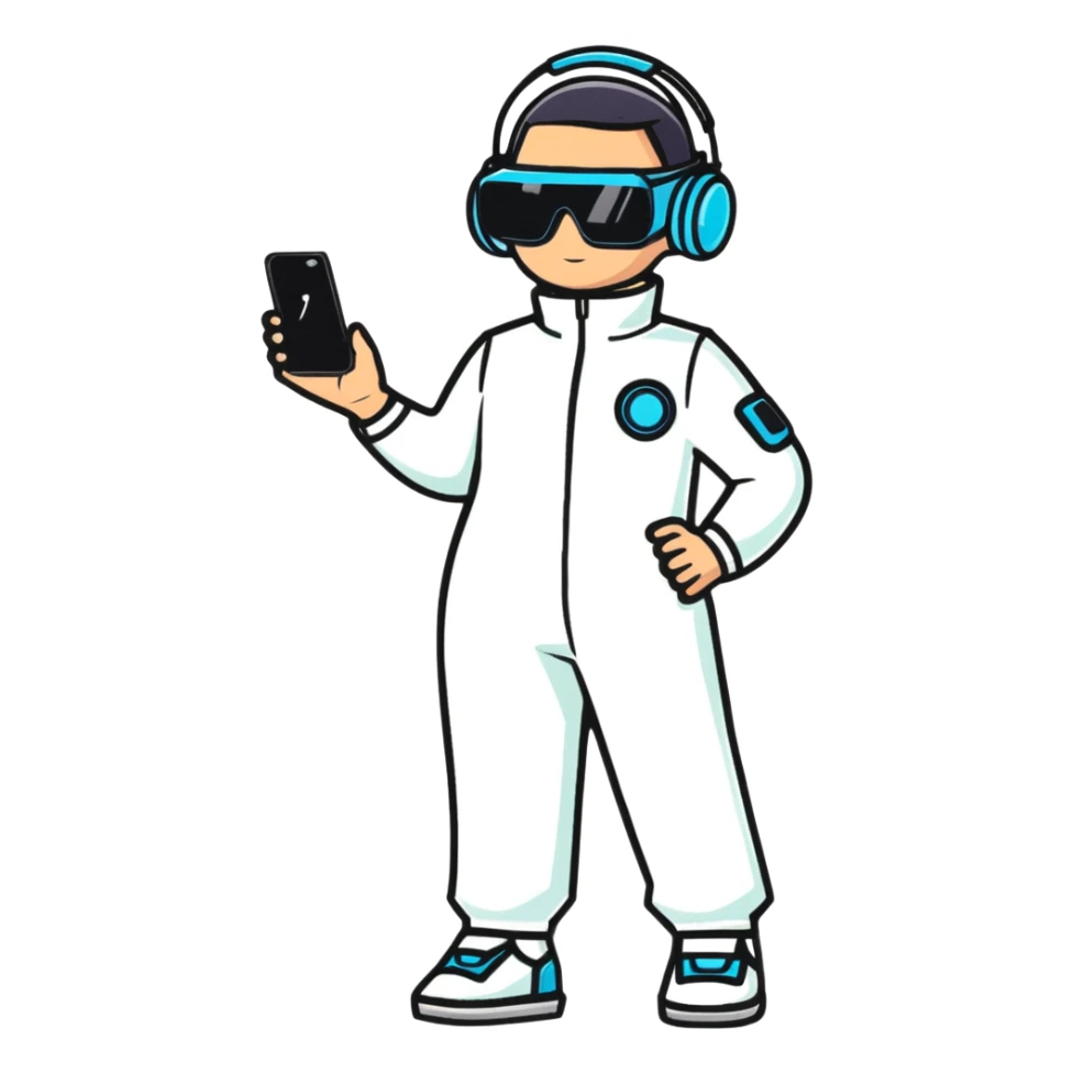 Futuristic human wearing sleek jumpsuit with tech gadgets, augmented reality glasses, and glowing accents sticker