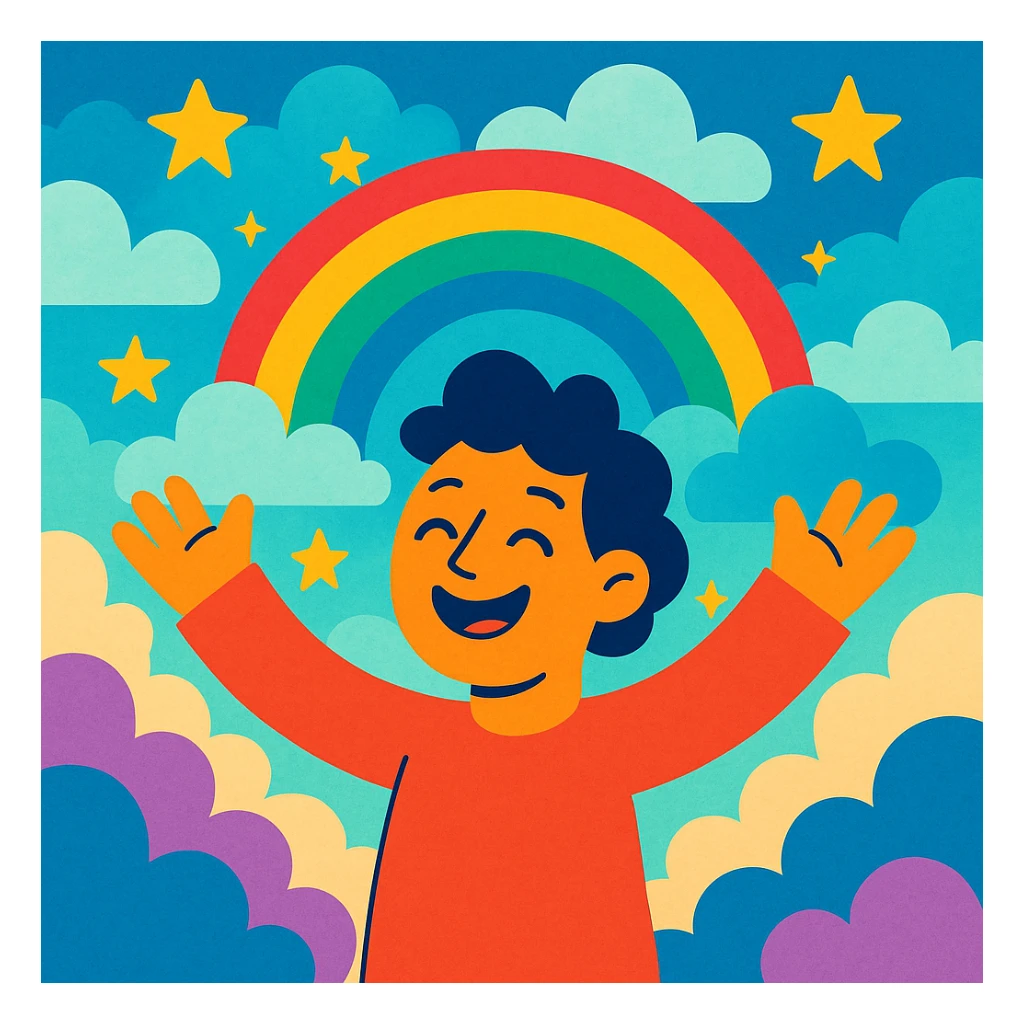 dream life as a colorful, whimsical scene with clouds, stars, and a happy character, in vibrant toon style sticker