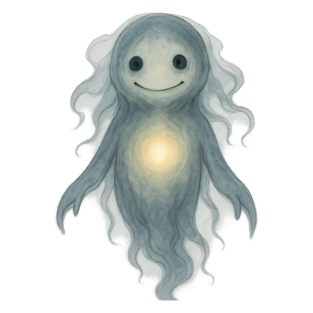 ghibli style AI spirit with glowing core, gentle smile, ethereal and slightly eerie sticker