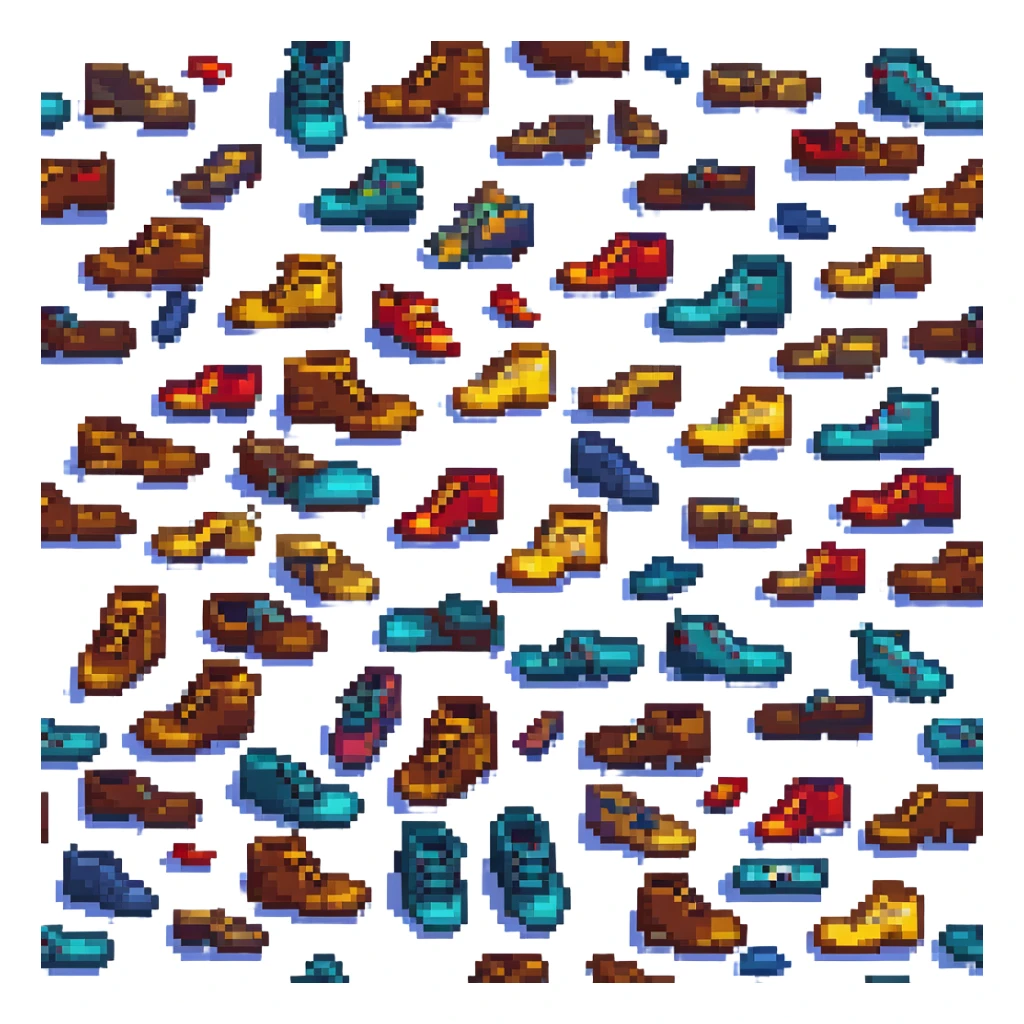 a messy stack of shoes in pixel art style sticker