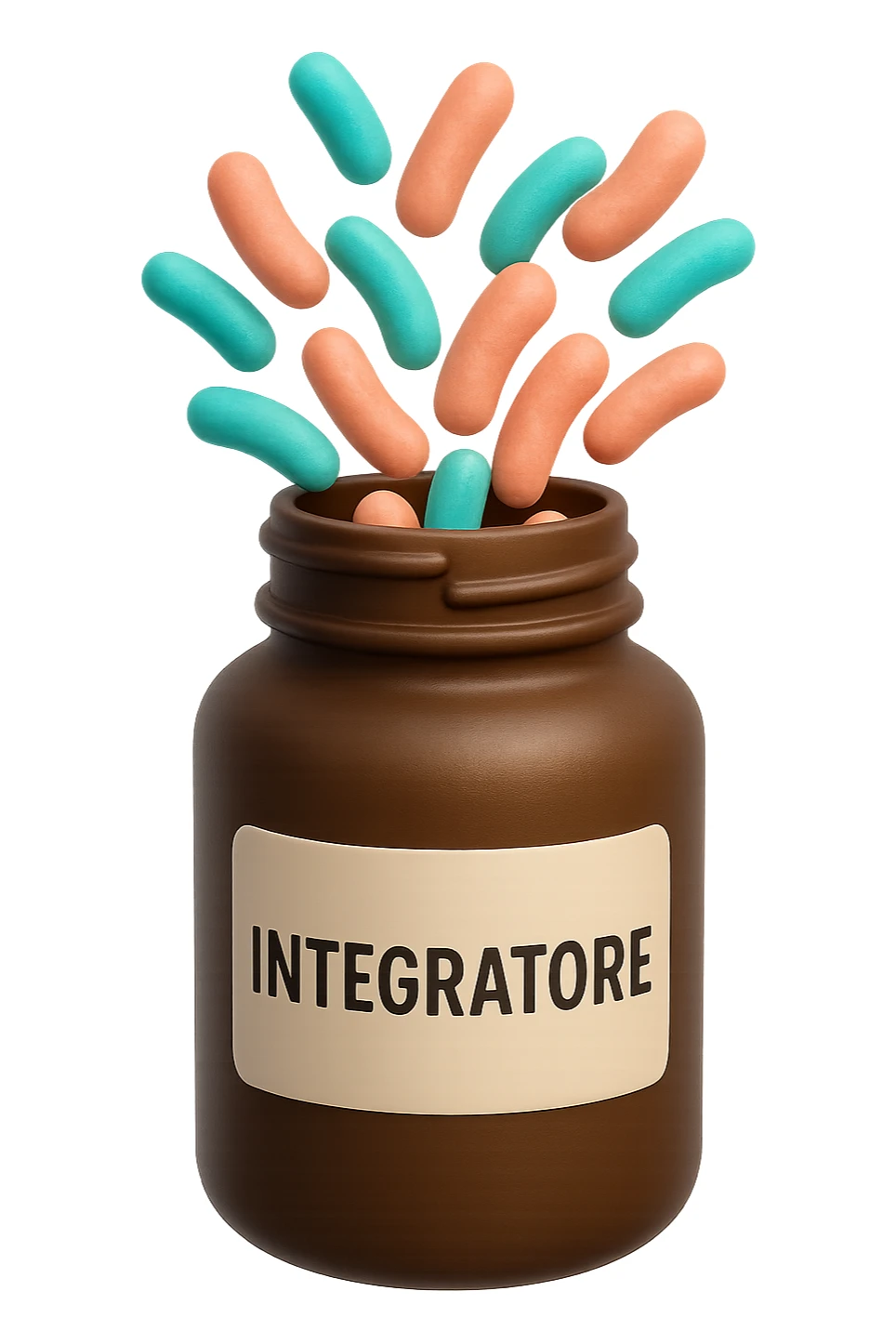 EMOJI STILE IPHONE DI boccetta di integratore con la scritta "INTEGRATORE" SULL'ETICHETTA, con batteri intestinali turchesi e rosa salmone che escono, IPERREALISTICO 4K sticker