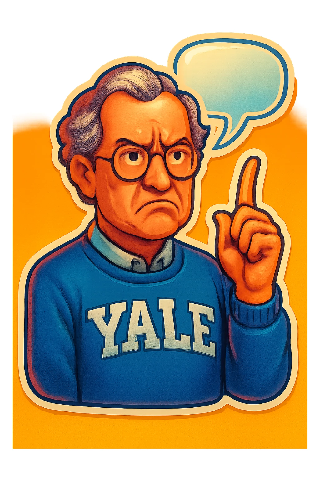 Профессор Йельского университета со скептическим лицом показываем указательный палец вверх, от головы отходить bubble speech sticker