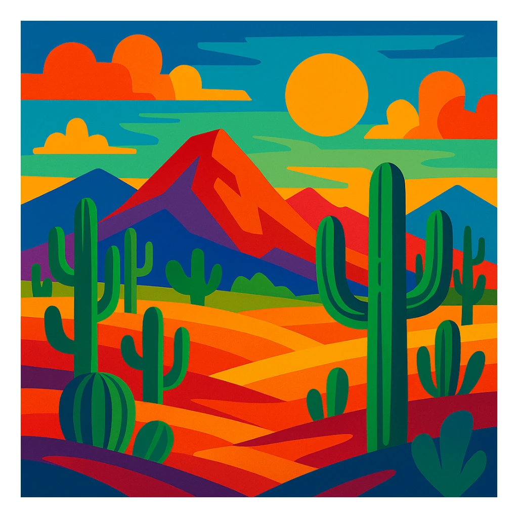 colorful Mexican landscape with cacti and mountains, vibrant colors sticker
