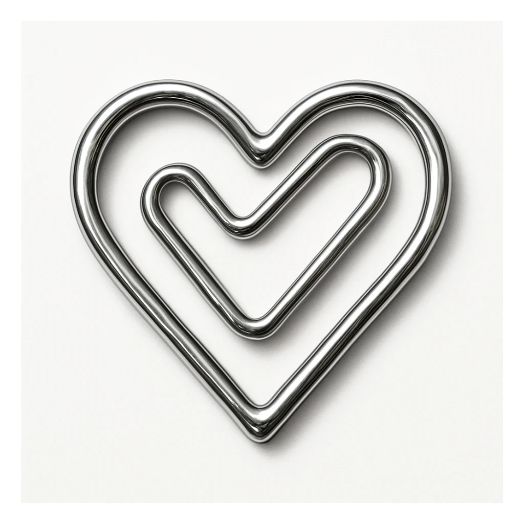 heart-shaped paper clip, realistic metallic style sticker