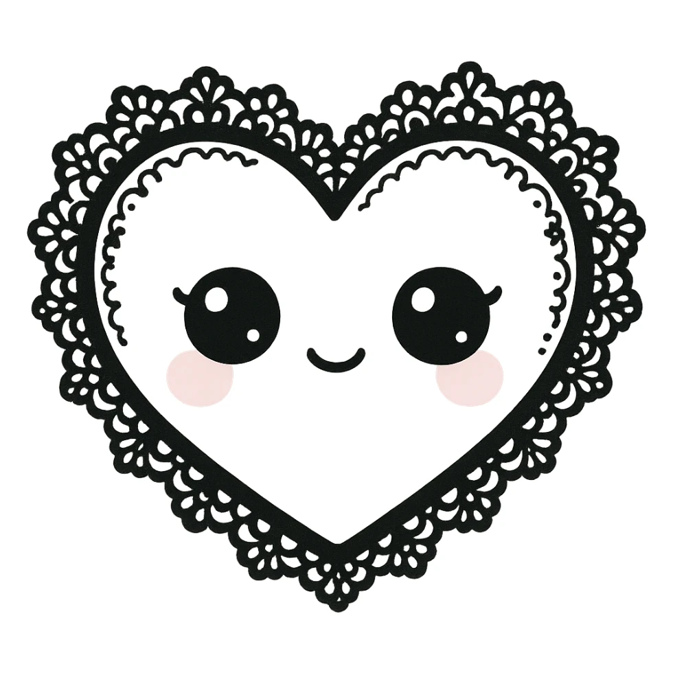 white goth heart with black gothic lace, ornate, kawaii style, no background sticker