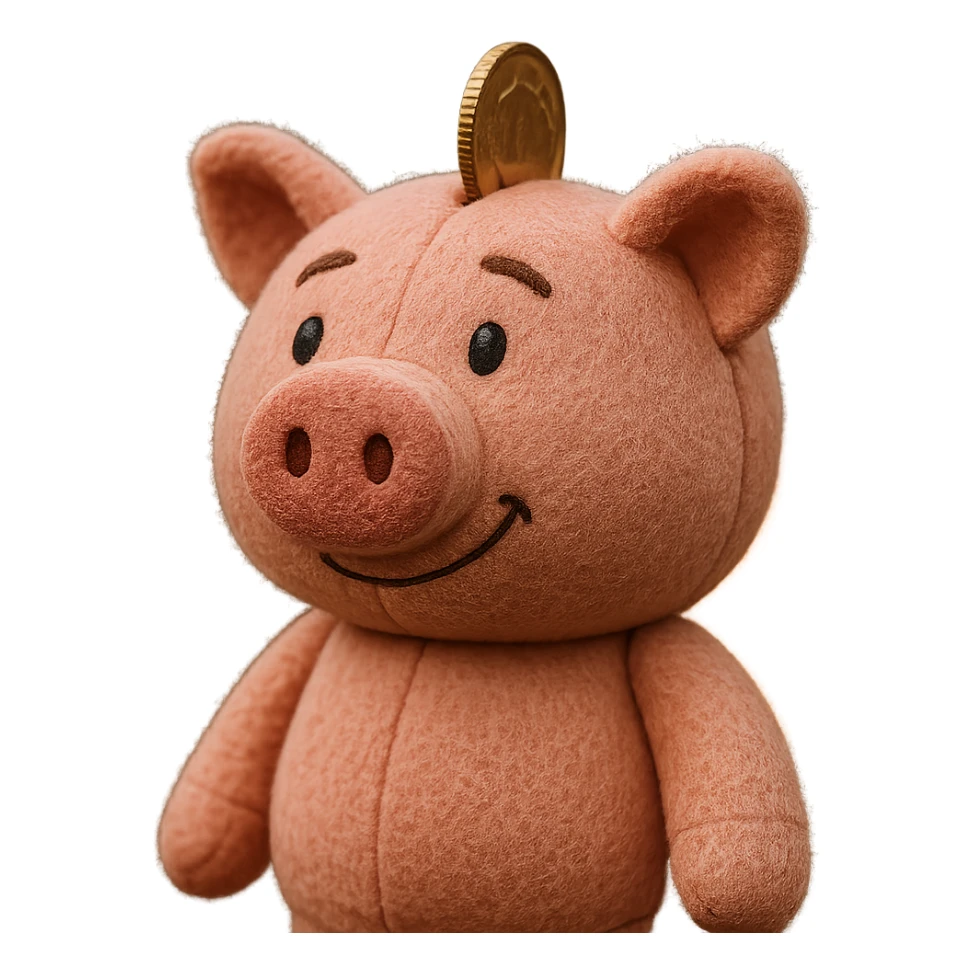 Side profile view of a pink piggy bank with a coin, 3d cartoon style, plushy texture, no background, soft and cuddly appearance. sticker