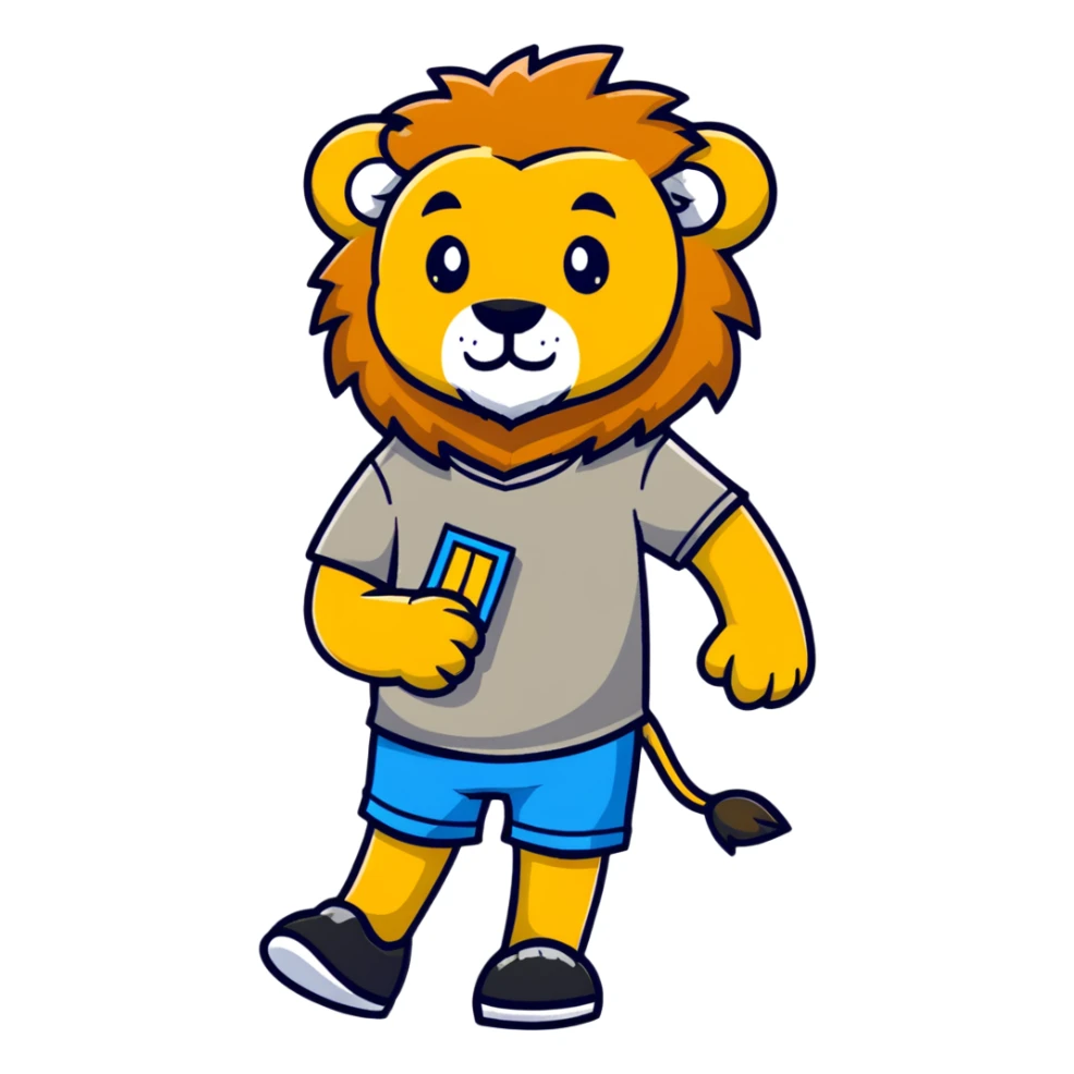 retro 1950s anthropomorphised lion in a t-shirt and shorts, walking sticker
