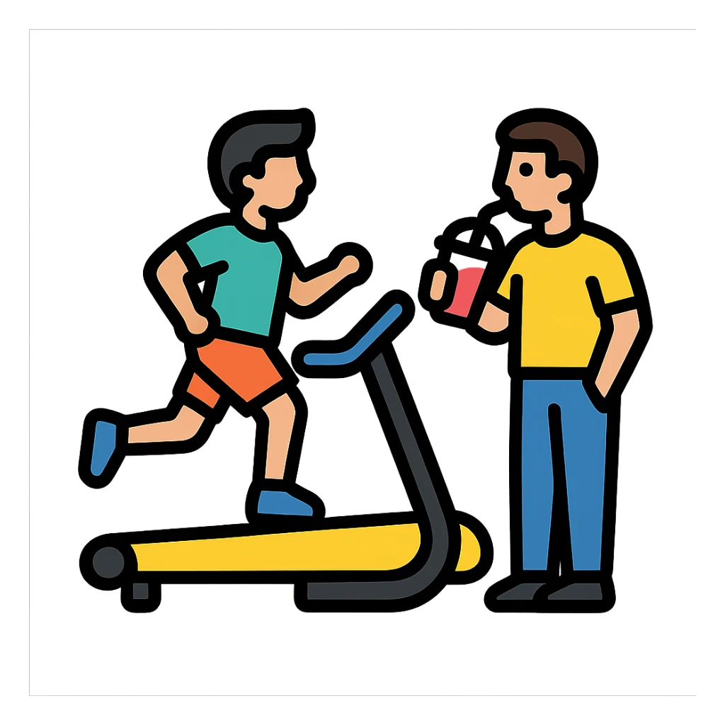 one man on a treadmill, the other man standing nearby sipping a smoothie, icon style, modern and easy to understand, clear contrast sticker