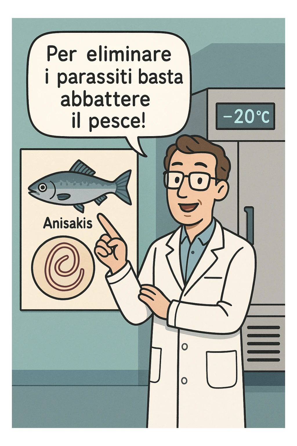  a scientist in a white lab coat stands beside a large poster showing a fish and a diagram of the Anisakis parasite. The scientist points to a speech bubble that says, “Per eliminare i parassiti basta abbattere il pesce!” In the background, a blast freezer is visible, with a temperature gauge set to -20°C. The mood is informative and reassuring. In italiano sticker