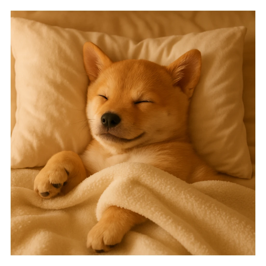 an adorable animal sleeping in a comfy bed, peaceful and warm atmosphere, soft and cozy sticker