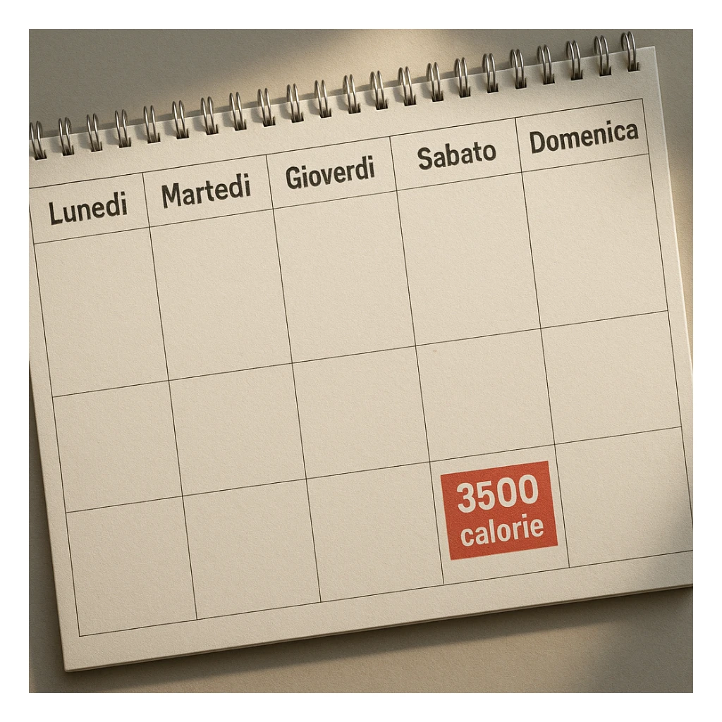 Hyperrealistic top-down view of a weekly calendar in Italian, showing days from Monday to Sunday. Only Saturday and Sunday have the text '3500 calorie' highlighted in a red box below, with no red circle on Friday. 4K details, desk atmosphere. sticker