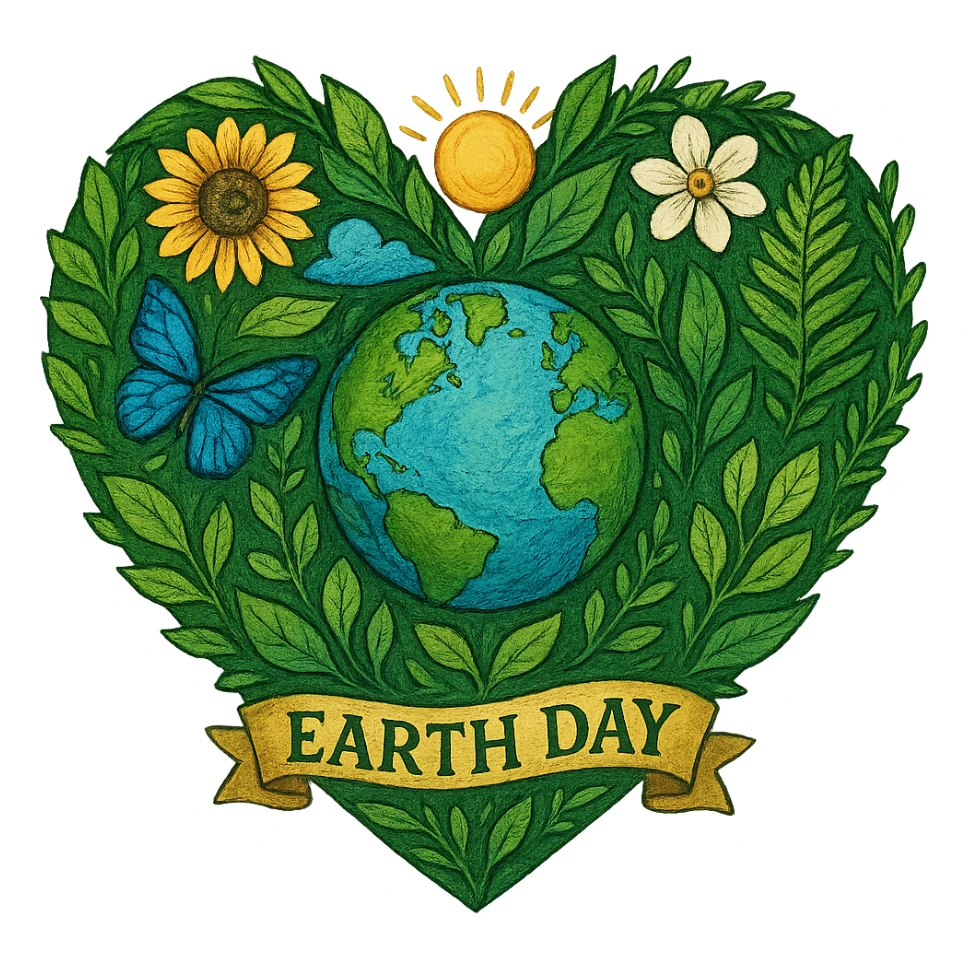 heart with Earth Day theme, green leaves, globe, nature, environmental awareness, vibrant and hopeful sticker
