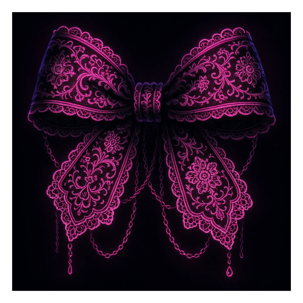 gothic lolita bow, ornate lace, neon pink and black, delicate chains, Victorian influence, neon goth palette sticker