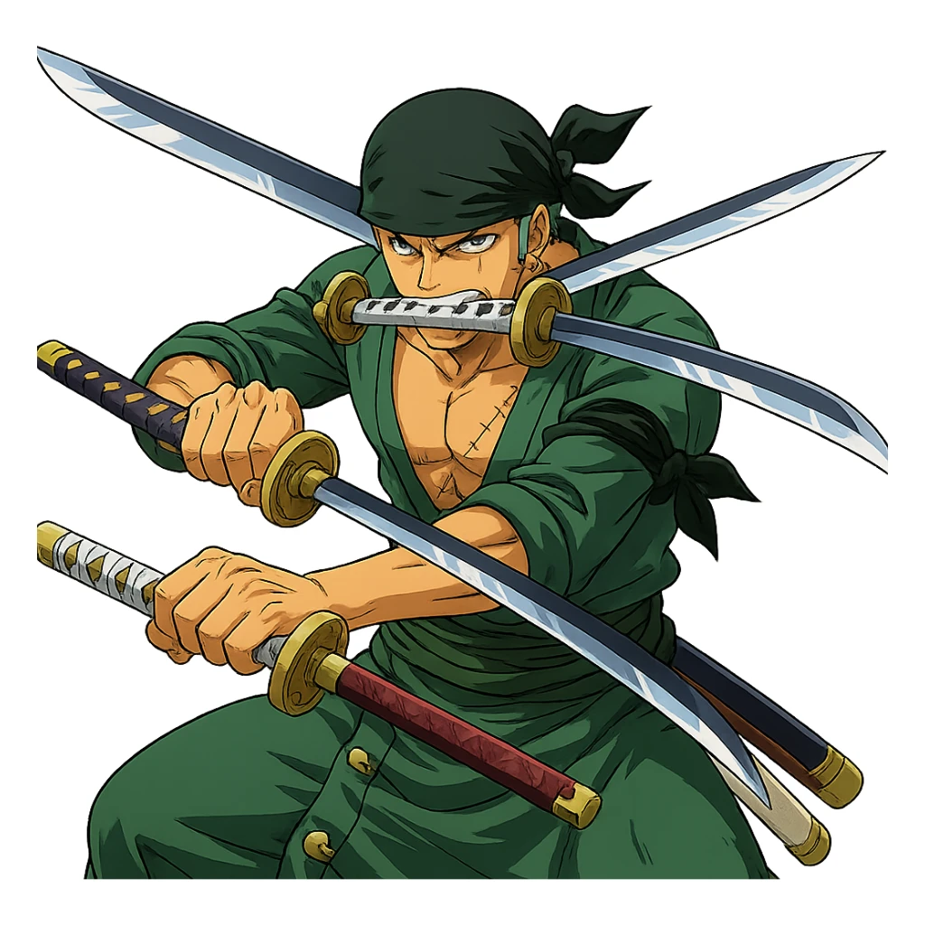 Zoro Roronoa from One Piece, anime style, bandana on head, three swords, battle-ready pose sticker