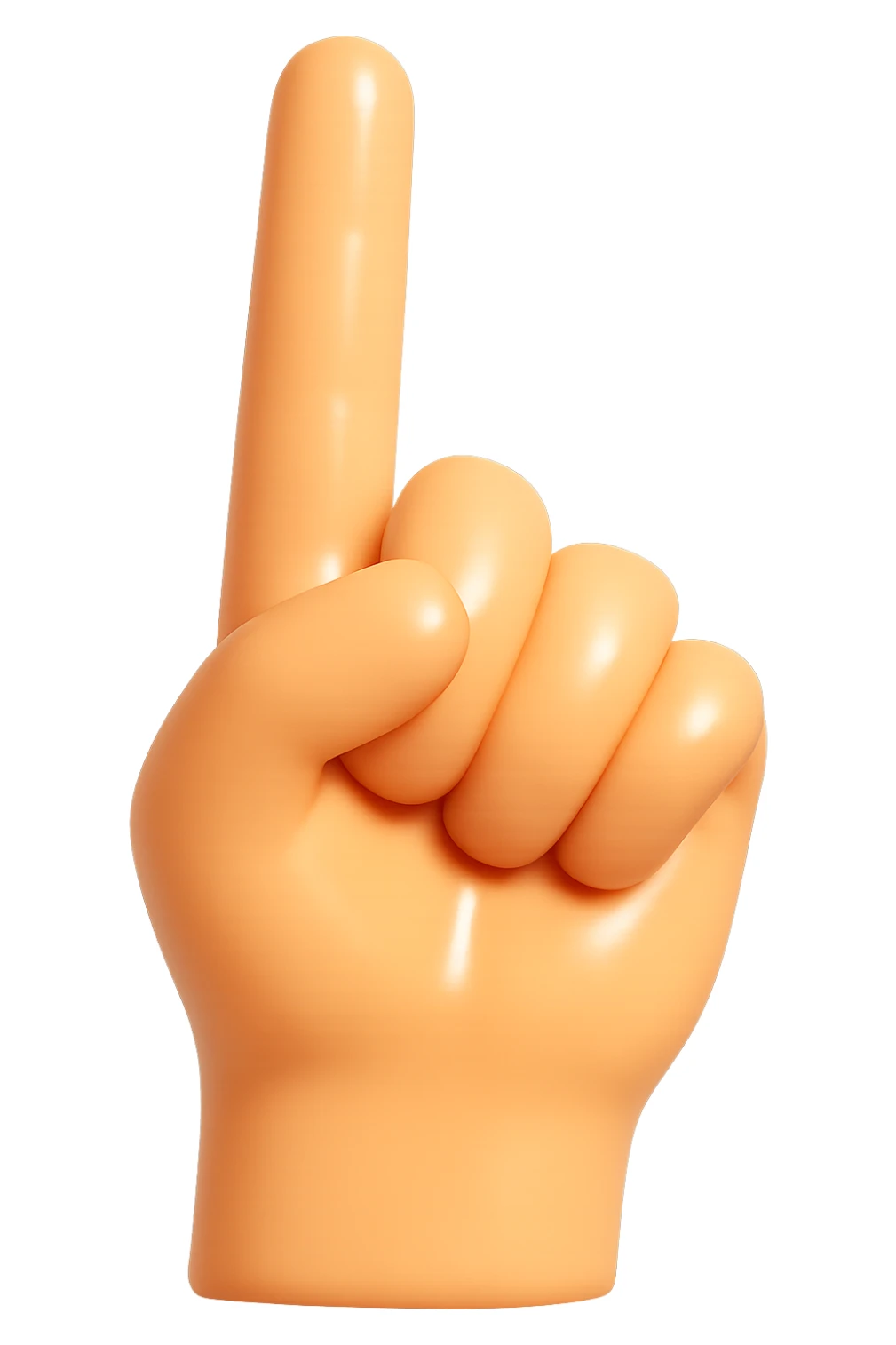 Make the hand even more detailed and hyper-realistic, with a very high quality, hard, shiny plastic look like a figurine's hand from a kid's toy. The surface should be smooth, rigid, and glossy, with realistic skin color, pointing upwards with the pointer finger extended, no background. The style should resemble a high-quality toy figurine hand with a shiny plastic finish. sticker