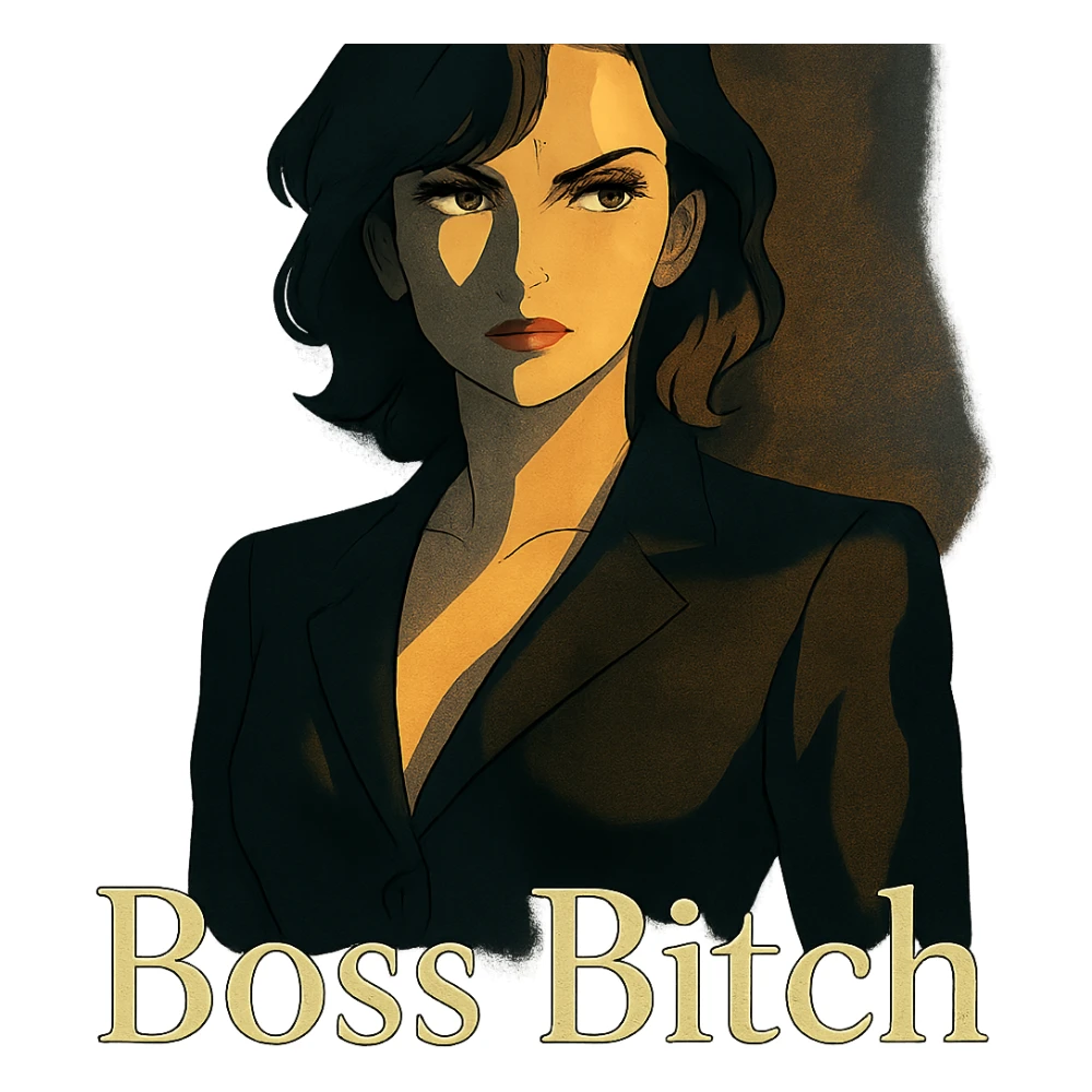 stern, sexy woman with dramatic lighting, 'Boss Bitch' in elegant serif sticker