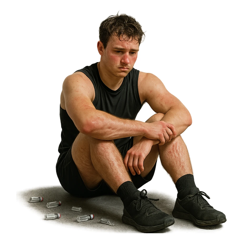 realistic young athlete with visible stretch marks and red skin, sitting on gym floor surrounded by empty vials, lost and disappointed look, atmosphere of defeat, isolated on white background, 4K quality sticker