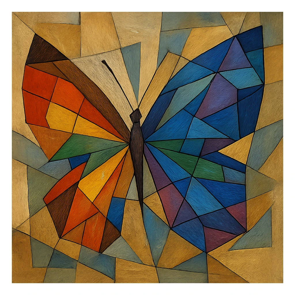 a butterfly in cubist abstraction style, geometric shapes, rainbow pride colors, abstract look sticker