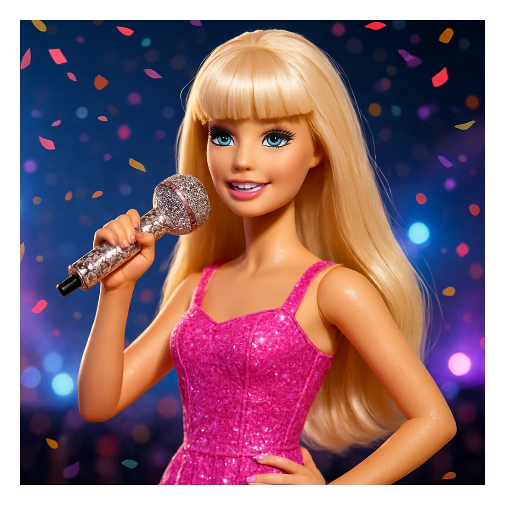 Pretty and girly Blonde pop star with bangs, holding a bedazzled microphone, reimagined as a Barbie doll, with a nighttime concert backdrop with colorful confetti sticker