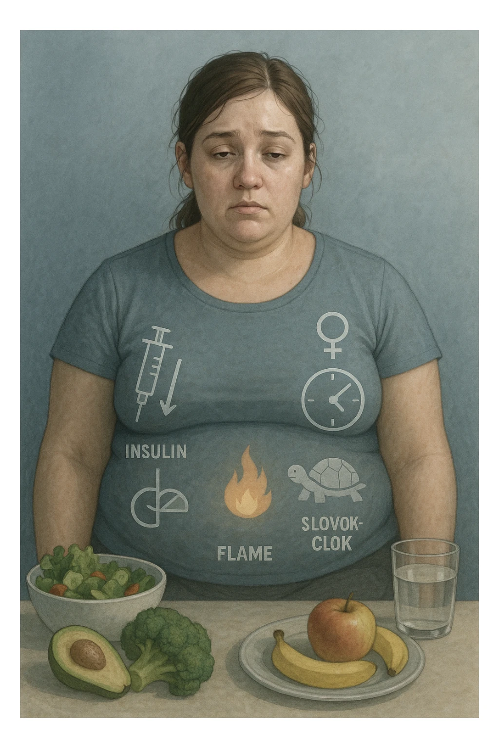 Donna tra i 25 e i 35 anni con fisico leggermente gonfio e postura affaticata, seduta con sguardo stanco. In trasparenza sul suo corpo, si vedono elementi simbolici: una fiamma metabolica molto piccola nel centro dell’addome, una tartaruga accanto a un simbolo di orologio rallentato, indicatori visivi di insulino-resistenza e squilibri ormonali. Intorno a lei: cibo sano non digerito bene, attività fisica poco efficace. Colori spenti attorno al corpo, con toni freddi e lentezza visiva. Stile realistico con elementi infografici e simbolici integrati sticker
