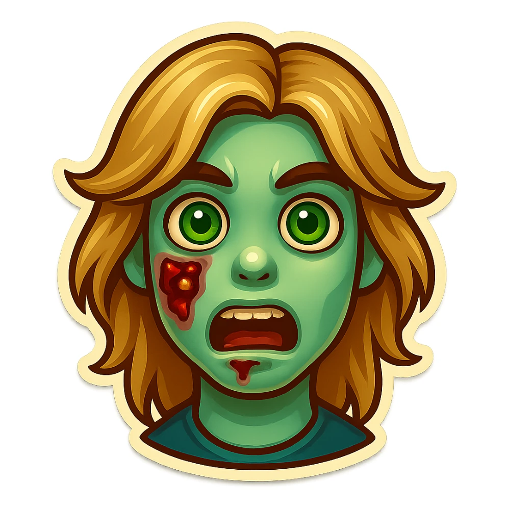 Transform this character into a male zombie with dirty blonde long anime-style hair and green eyes. Keep the same facial wounds and expression. Preserve the cartoon emoji style as in the reference. sticker