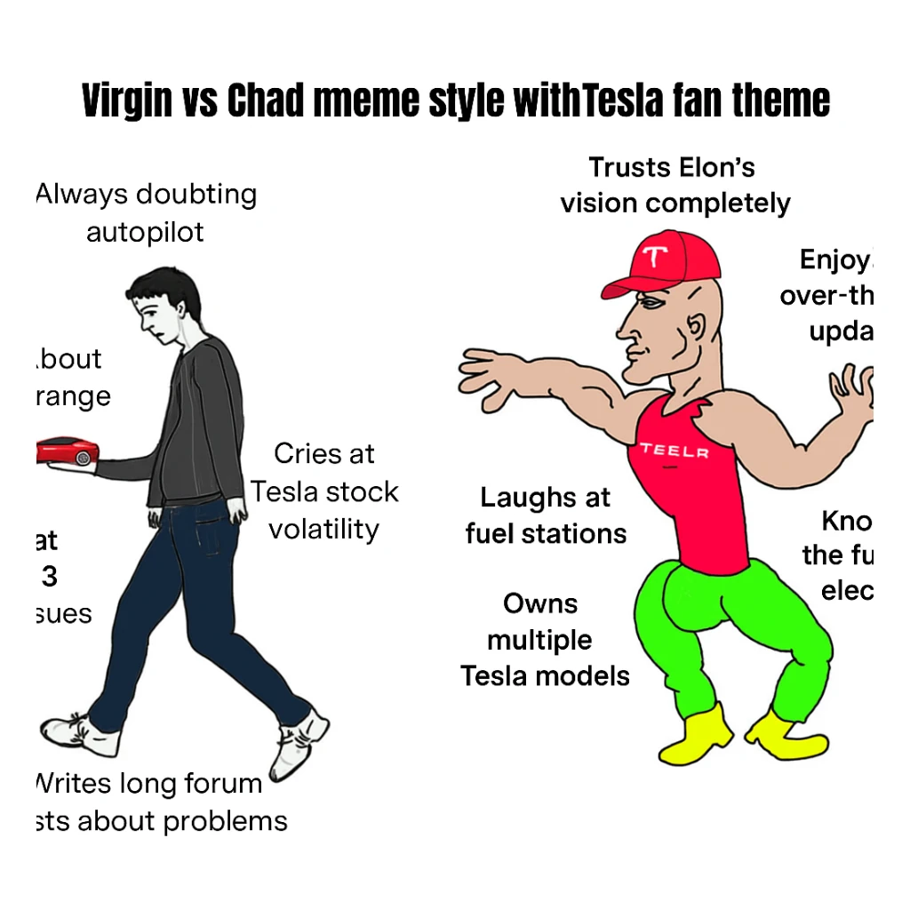 make virgin vs chad meme on tesla fan in above style  sticker
