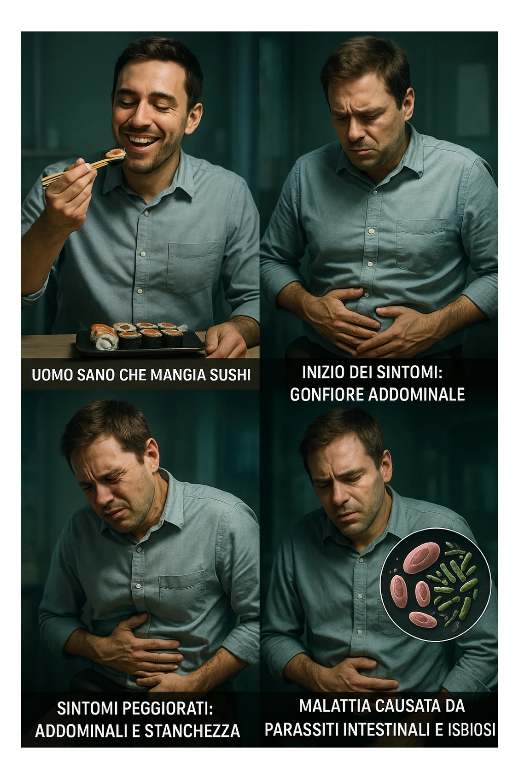 Illustrazione verticale realistica in italiano che mostra la progressione in più fasi da uomo sano che mangia sushi a uomo con sintomi di malattia causati da parassiti intestinali e disbiosi. Atmosfera clinica con luci drammatiche, didascalie in italiano, formato 2:3. sticker