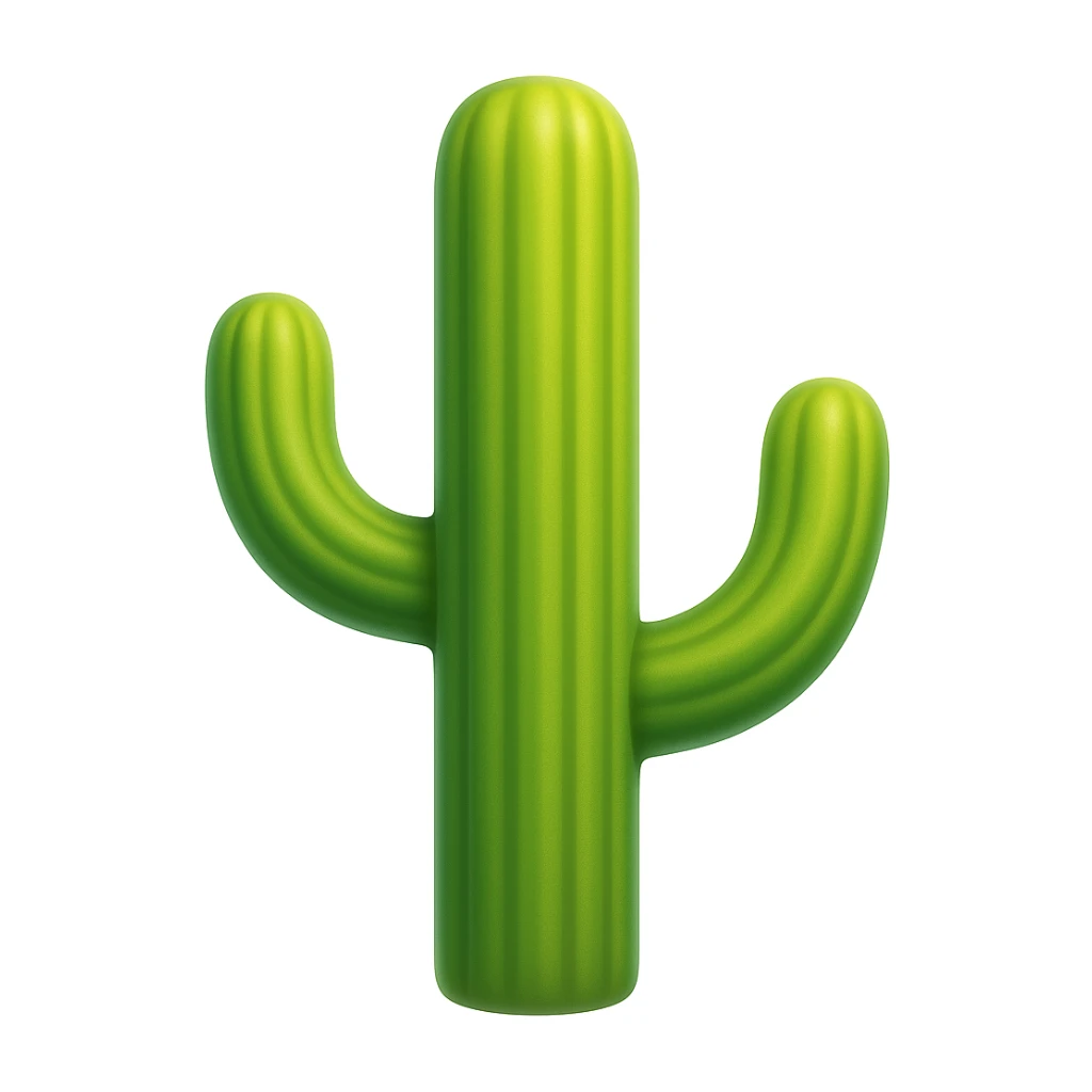 Create a cactus emoji that looks exactly like the reference image in iOS emoji style. The emoji should have 3D appearance, shiny surface, smooth gradients, soft shadows, and a realistic cactus shape with a classic emoji look. sticker