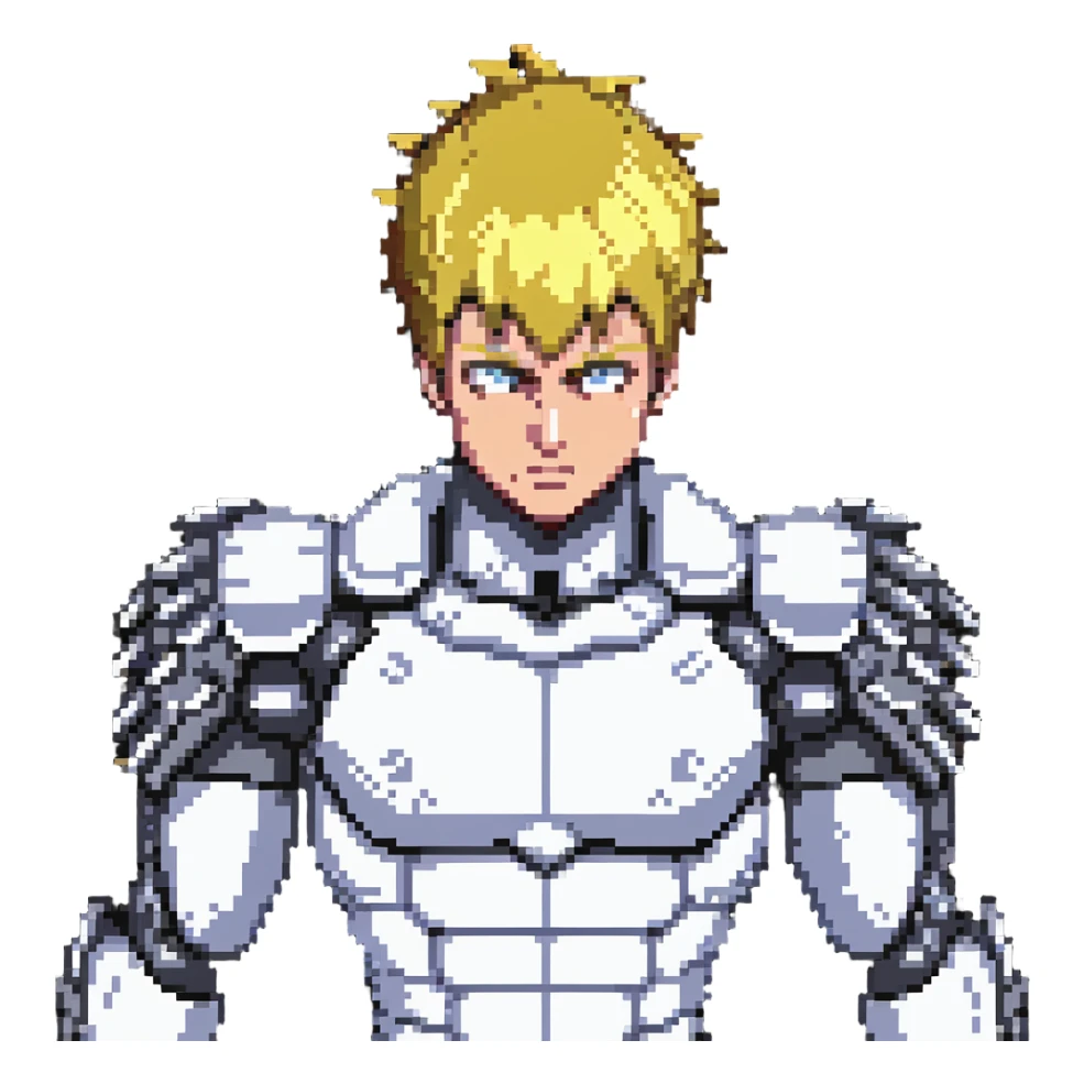 Genos from One Punch Man, android cyborg with spiky blond hair, metallic arms, intense eyes, compact and expressive, no text sticker