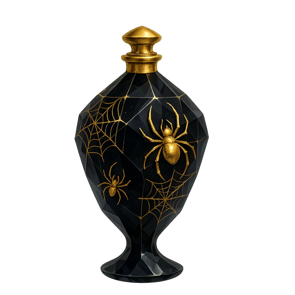 luxurious black crystal elixir bottle with lots of shine, facets, ornaments, decorated with spiders and spider webs, golden details, magical effects, very small golden neck, transparent background, beautiful merging base, clearly floating in the air, no base or shadow, premium class impression, design matching a collection of crystal, luxurious, magical bottles sticker