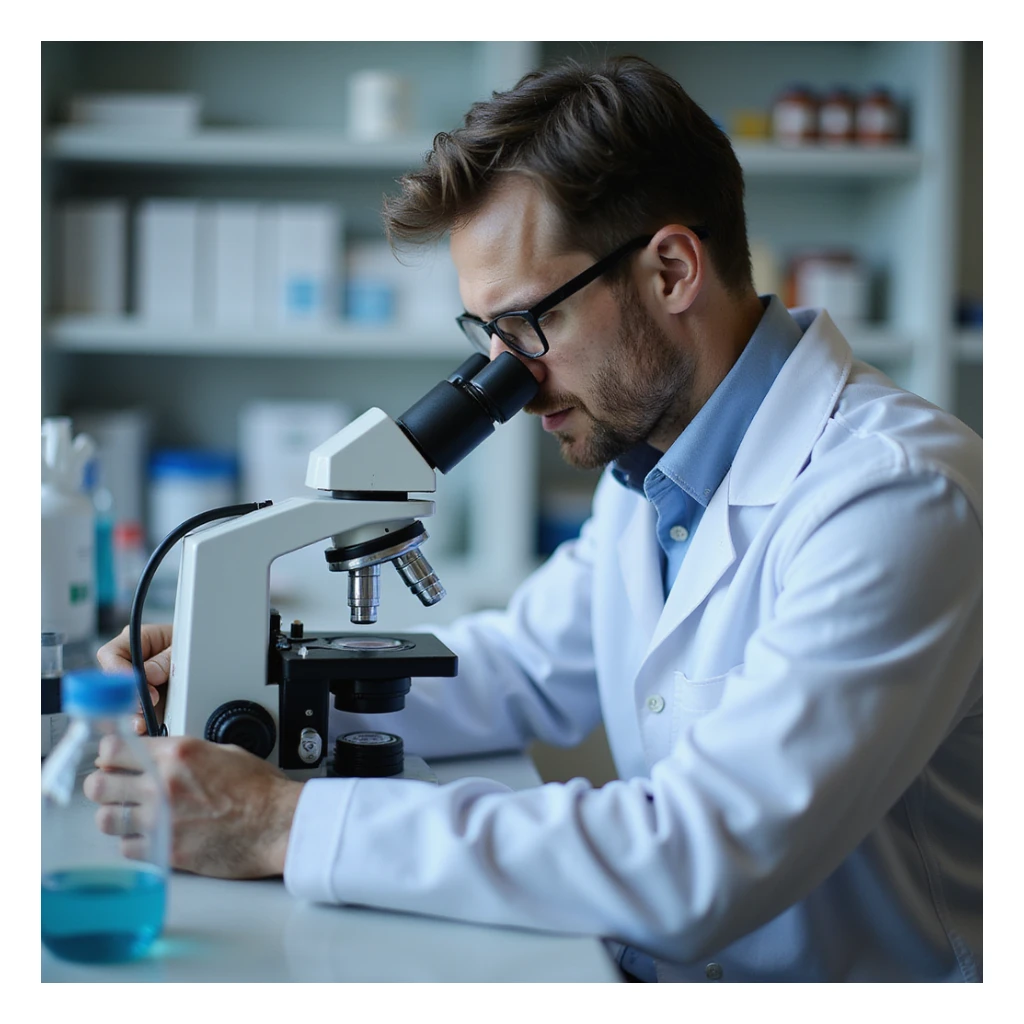 realistic doctor in lab coat observing fecal sample under microscope for parasite research, slides and lab instruments visible, clinical environment sticker